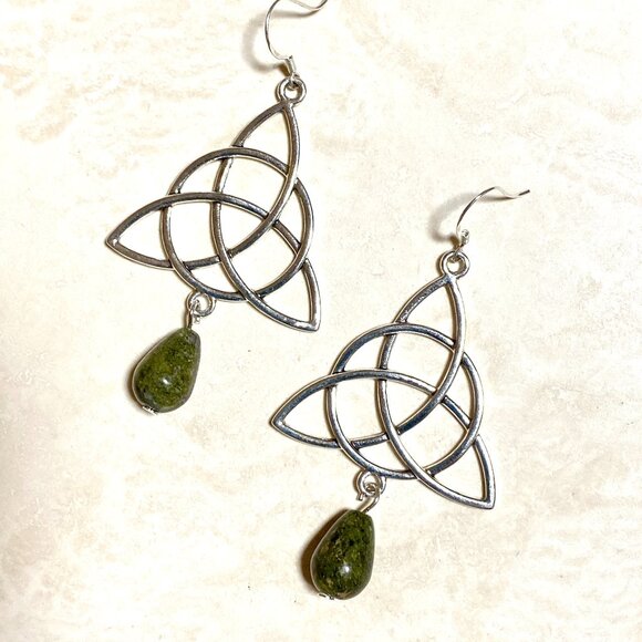 Jewelry - 2/$20, Genuine Dark Green Unakite Celtic Trinity Sterling Silver Dangle Earrings